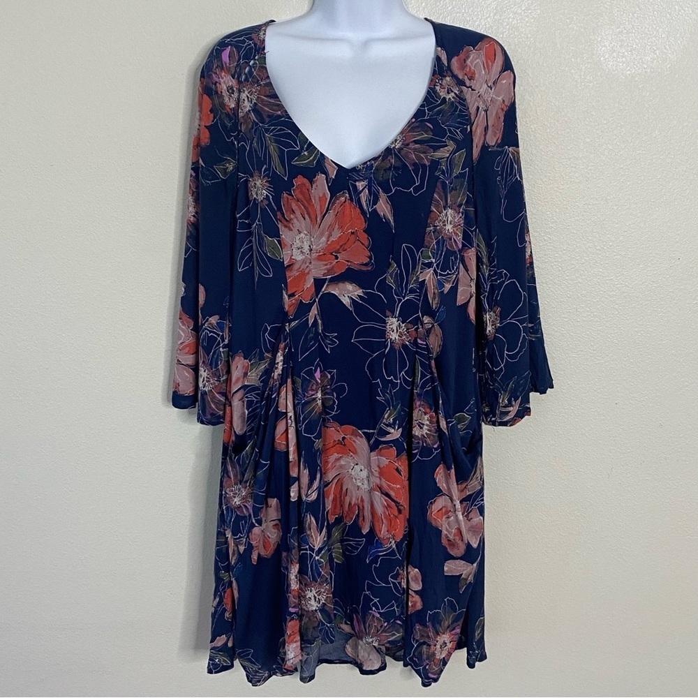 Free People Womens Boho Dress Size 2 Blue Floral Print Bell Sleeve Hi Lo Lined